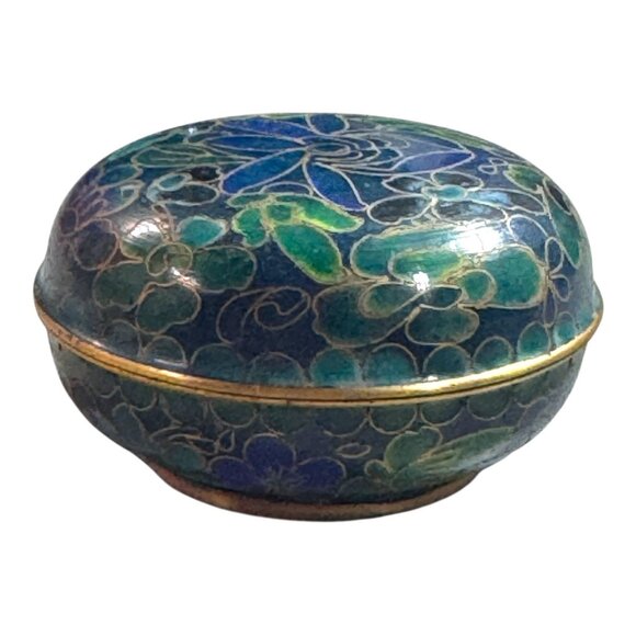 Vintage Cloisonné Round Trinket Box Antique Floral Design Blue & Green Enamel - Picture 2 of 8